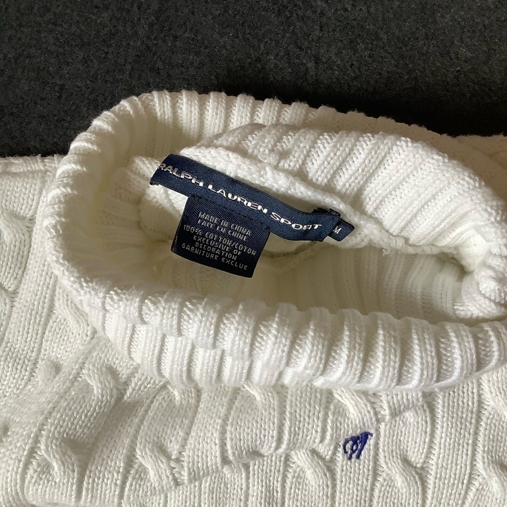Ralph Lauren Sport CowlNeck Sweater Women Med. White Cable Knit Pullover Cotton - Picture 3 of 12